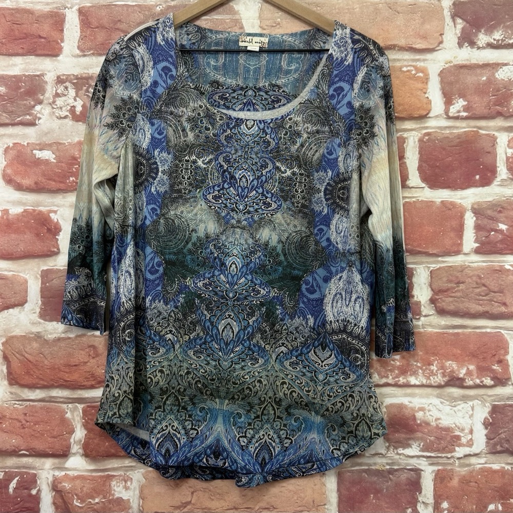 World Unity Top Women's L Blue Multicolor Boho Floral Rhinestones Casual Shirt